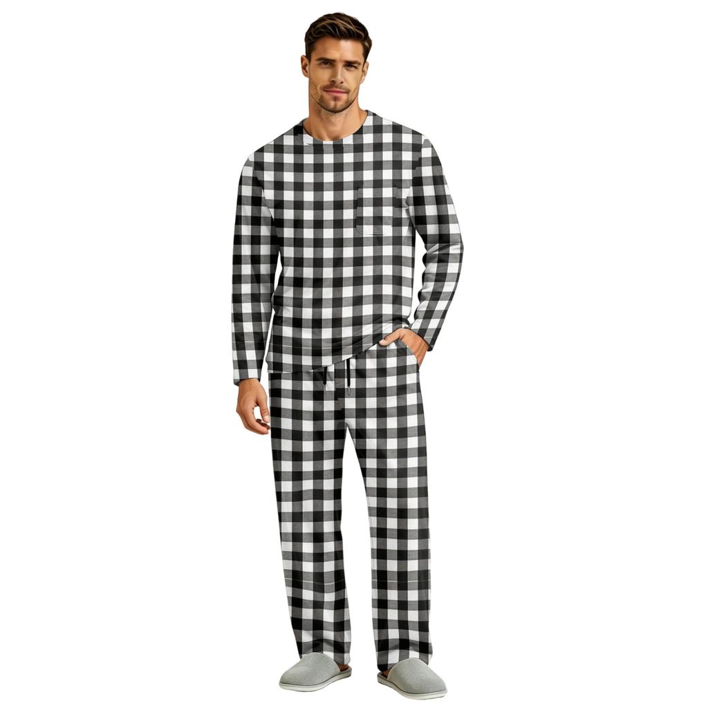 Men's Pajama Set Long Sleeve Top and Long Pants with Button Crotch and Elastic Drawstring Waist for Home Loungewear