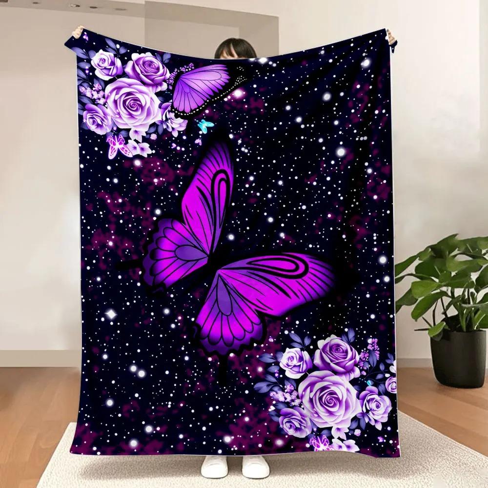 Magical Night Sky Blanket - Vibrant Purple Butterflies, Light Purple Roses, Pink Sparkles & Blue Butterflies Printed Throw, Whim 70x100cm