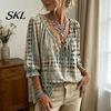 Boho Locker Bluse Damen Sommer Lässiges Hemd, V-Ausschnitt Schnürung 3/4 Ärmel Bluse, Kariert Dreiviertel Puff Oberteil Druck Fließende Oberteile, Leicht Atmungsaktiv