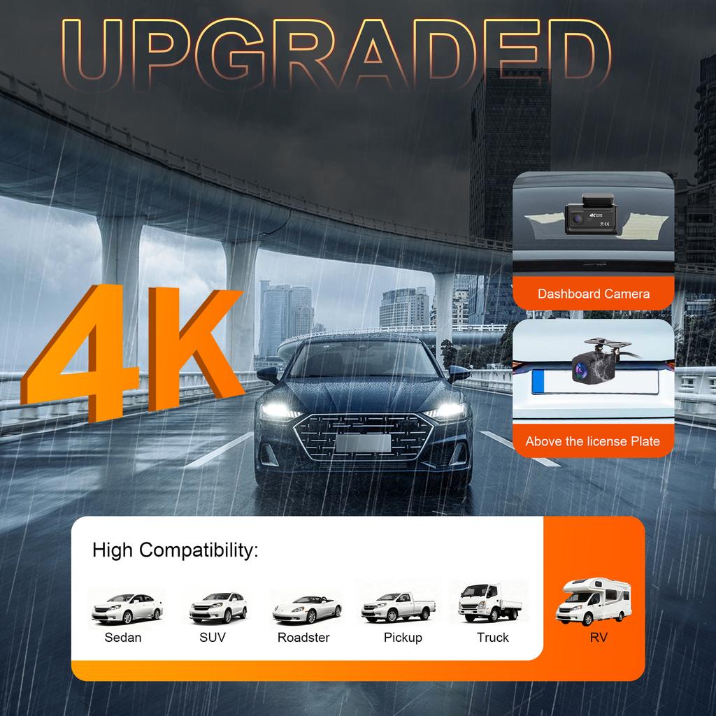 4K 2/3-Lens Dash Cam, WiFi, Night Vision, Phone Sync, 24-Hour Parking Monitor