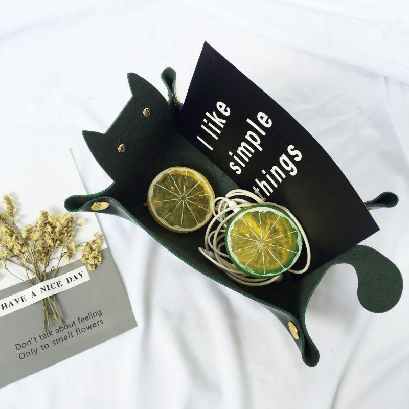 Dice Cat Shape Leather Storage Tray Key Coin Makeup Tray Folding Tray With Velvet Cat Storage Box