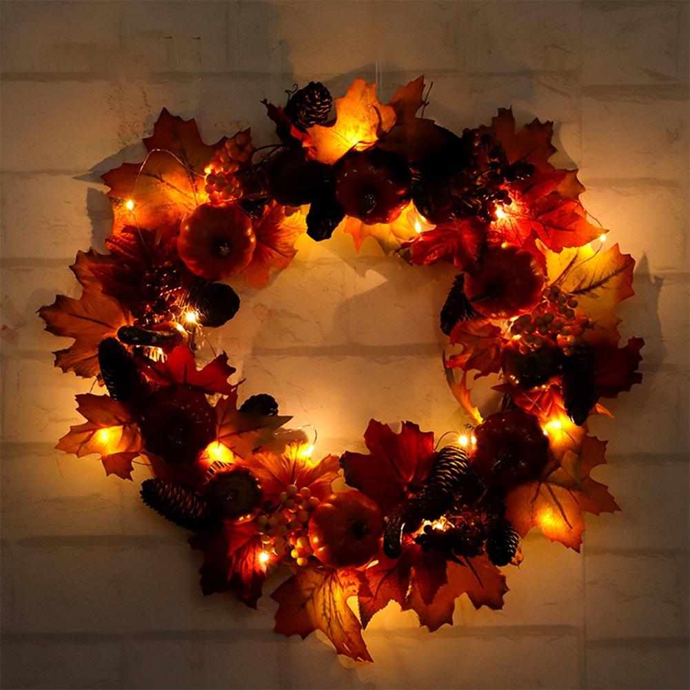 T02C!Artificial Fall Wreath,Autumn Pumpkin Garland Harvest Artificial Front Door Wall Hanging Wreath Rattan With Pumpkins