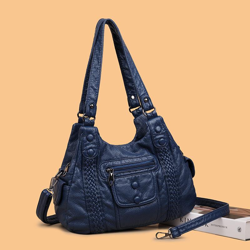 Street Trend Women's Shoulder Bag Solid Color Soft Leather Retro Women's Armpit Bag Button Braided Hand Tote Bag for Women