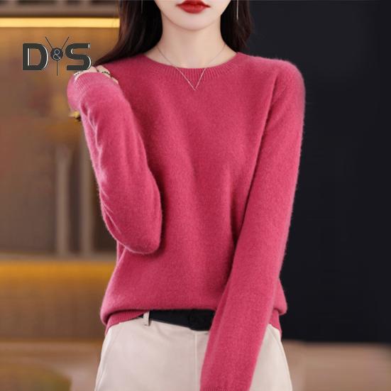 Women Bottoming Sweater Imitation Cashmere Crew Neck Sweater Long Sleeve Solid Color Slim Fit Ribbed Trim Knitting Tops