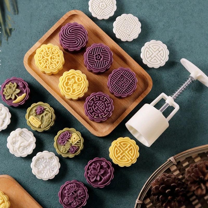 Hot Sale 6pcs Plastic Mooncake Mold Hand-Press Flower Shaped Cookie Mold DIY Baking Tool Pressed Fondant Cookie Moon Cake Cutter 1