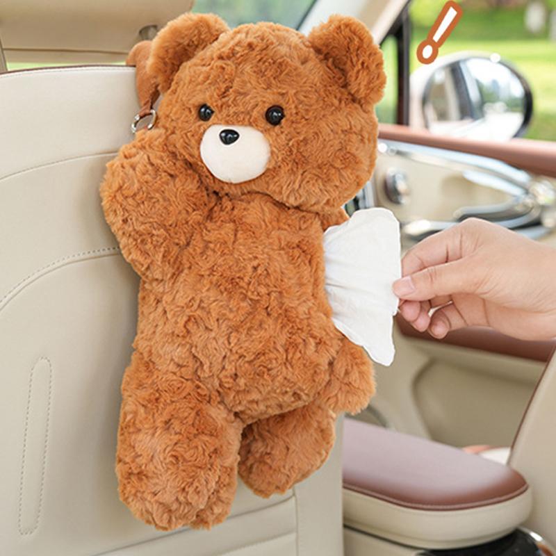 Cartoon Car Tissue Box Cute Plush Bear Napkin Paper Holder Portable Auto Armrest Box Tissue Paper Storage Case Car Decoration
