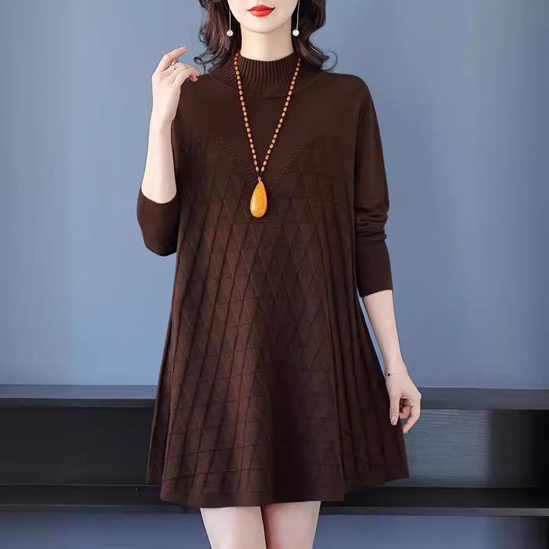Half Turtleneck Knitted Dress for Women In Autumn and Winter Long-sleeved Mid-length Sweater Loose and Casual Pullover