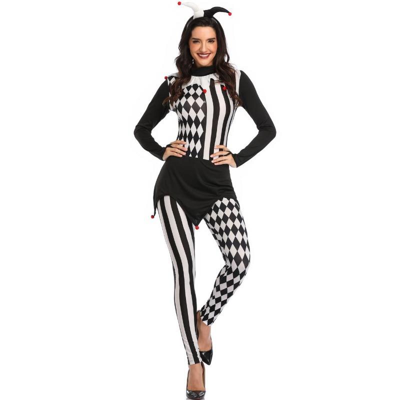 Halloween Stage Costume Circus Female Clown Cosplay, Dress Up Black and White Clown Recovery Costume