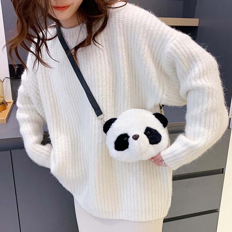 Panda Head Crossbody Bag Versatile Cute Plush Bag Cartoon Shoulder Bag