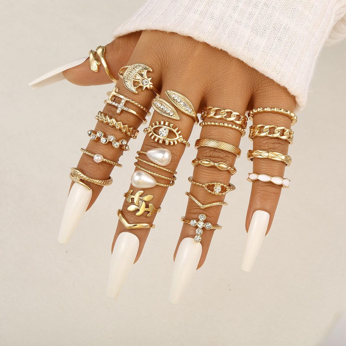 23 Pcs Punk Style Retro Ring Set For Women Fashionable And Minimalist Pearl Zircon Geometric Finger Rings 2025 New Jewelry Gifts