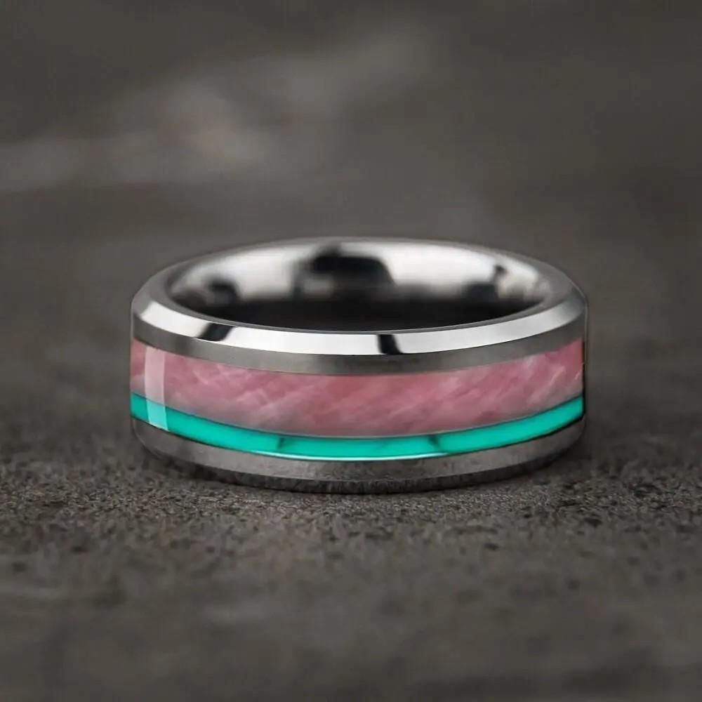 Fashion 8mm Men Stainless Steel Ring with Turquoise and Pink Abalone Shell Inlay Rings for Men Women Wedding Jewelry Drop Ship