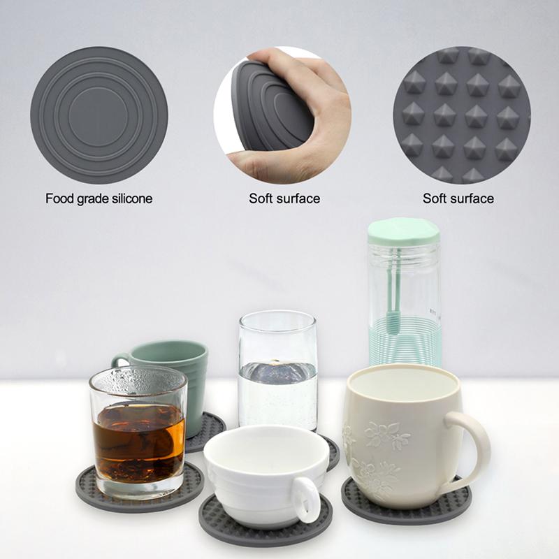Set aus 6 Silikon-Untersetzern für Getränke, beidseitig, runde Tassenunterlage mit Halterständer, Glasgreifer-Pads mit tiefen Rillen