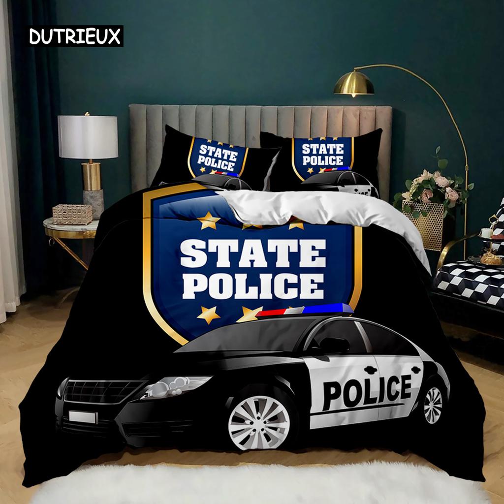 Husă de pilotă pentru mașină de poliție, neagră, set de lenjerie de pat dublă pentru mașină de poliție, husă de cuvertură pentru vehicul cu desene animate, husă de pilota din poliester, lumini roșii