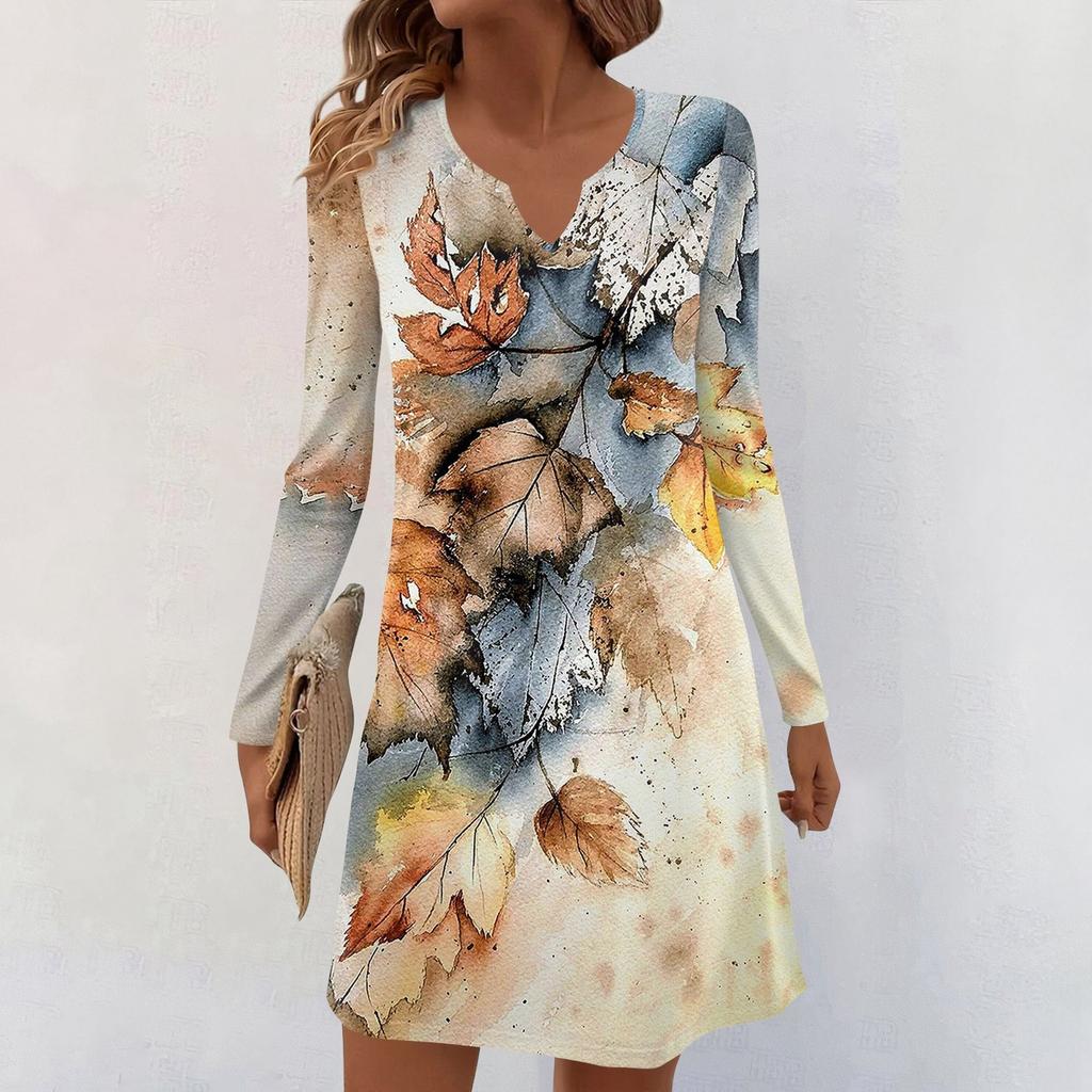 Women's Long-sleeved Casual Midi Dresses V-Neck Print  Casual Dress