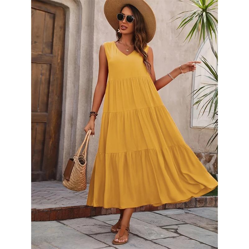 2025 Women Dress Summer Casual Vacation Holiday Beach Long Dresses V-neck Loose Elegant Yellow Black RUFFLES Dress Femme