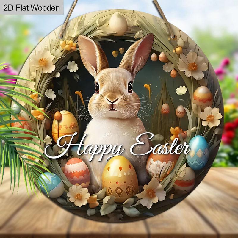 Happy Easter Bunny & Egg Wreath Wooden Sign, Round Front Door Decor, Rustic Spring Wall Hanging - Ideal Easter Gift