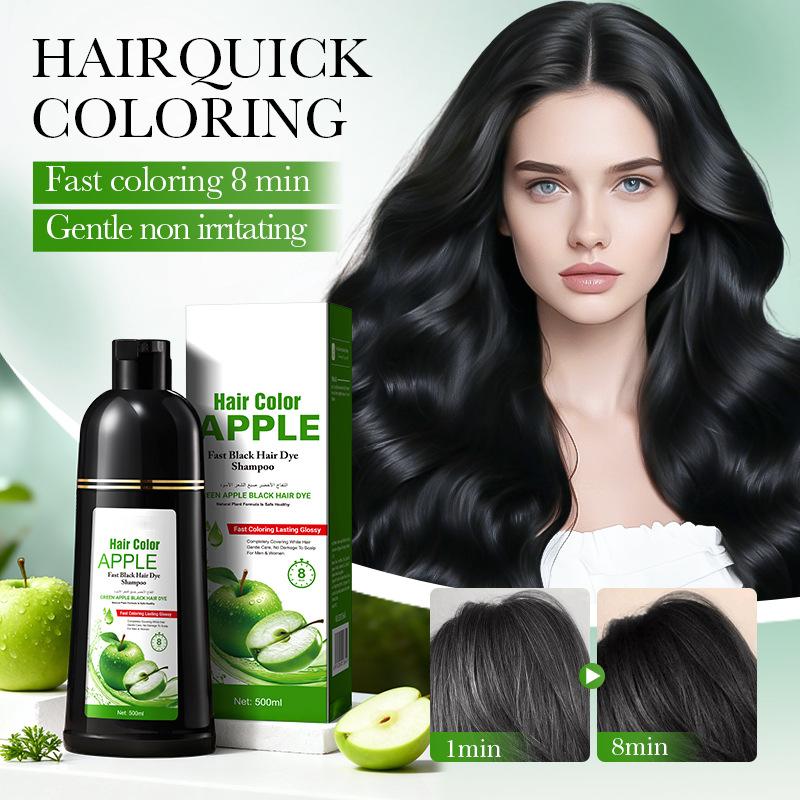 

Green Apple Black Hair Dye Shampoo 500ml - Fast Coloring in 8 Mins, Covers Gray Hair Gently чорний