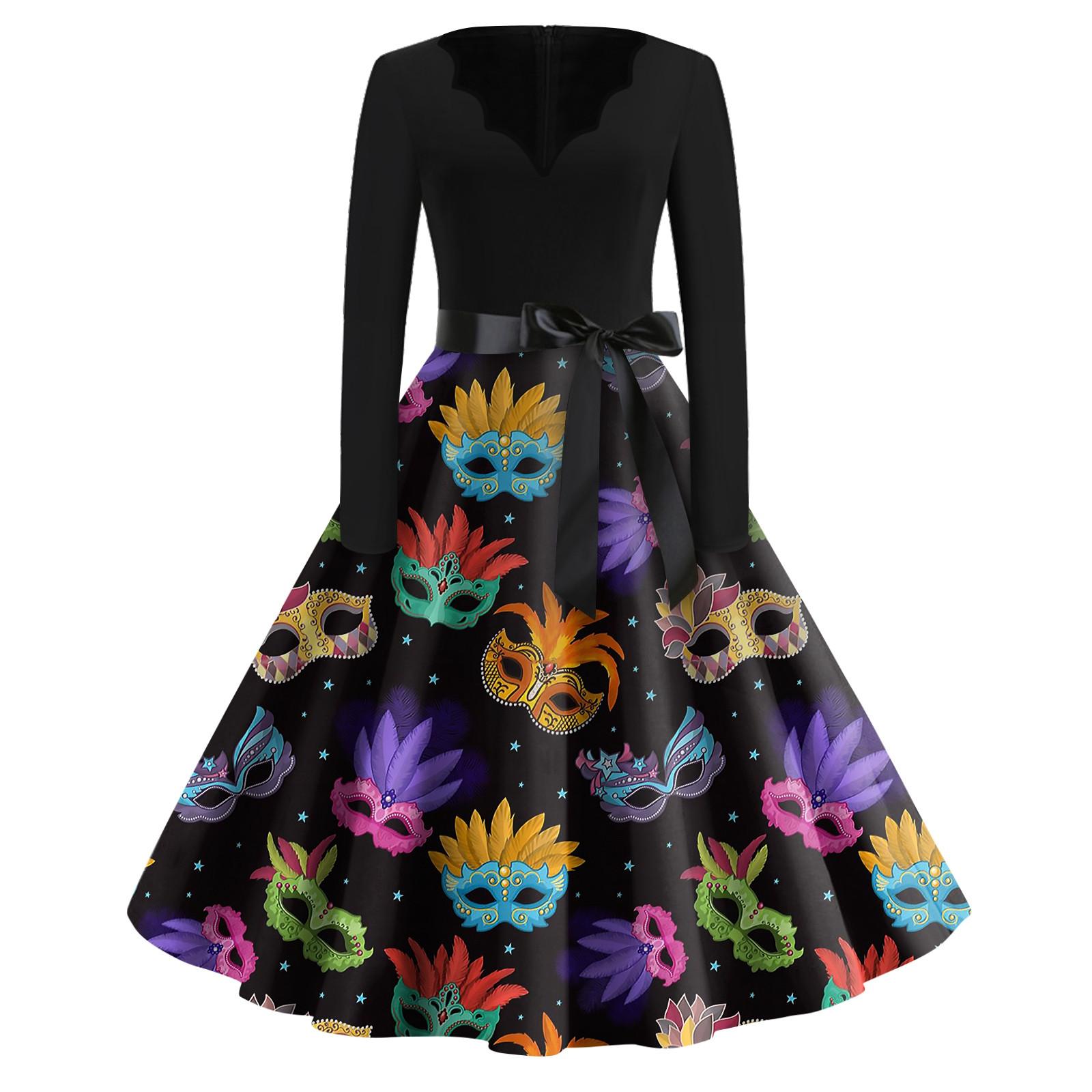 

Женская мода с v-образным вырезом, повседневные тонкие платья Mardi Gra с длинными рукавами и принтом XL разноцветный