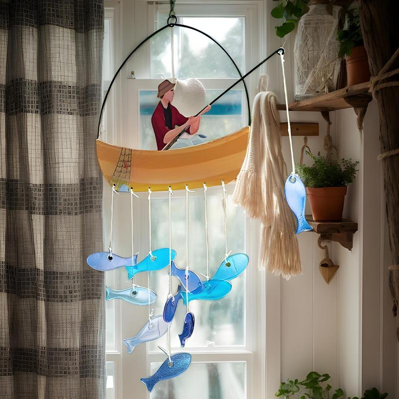 Fish Wind Chimes for Outside, Blue Sea Glass Wind Chimes Garden Decor, Windchimes Outdoors Suncatcher Gift For Home Decoration