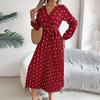 Spring Summer Women Long Sleeve Dot Pleated High Waist A Line Long Dress