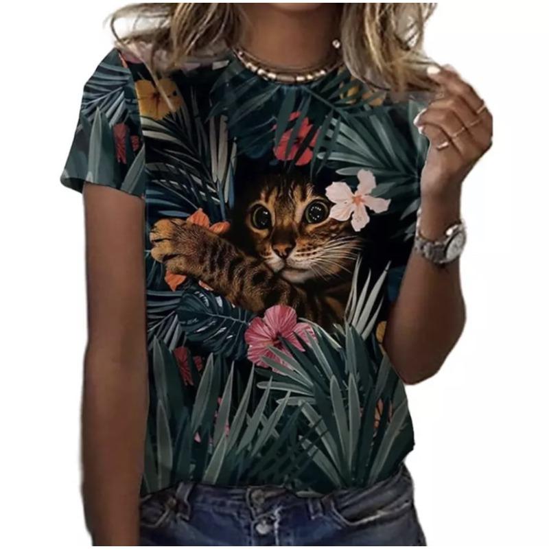 Summer Round Neck 3D Feather Animal Simplicity Print Top Fashionable Casual Short Sleeved Women's T-shirts