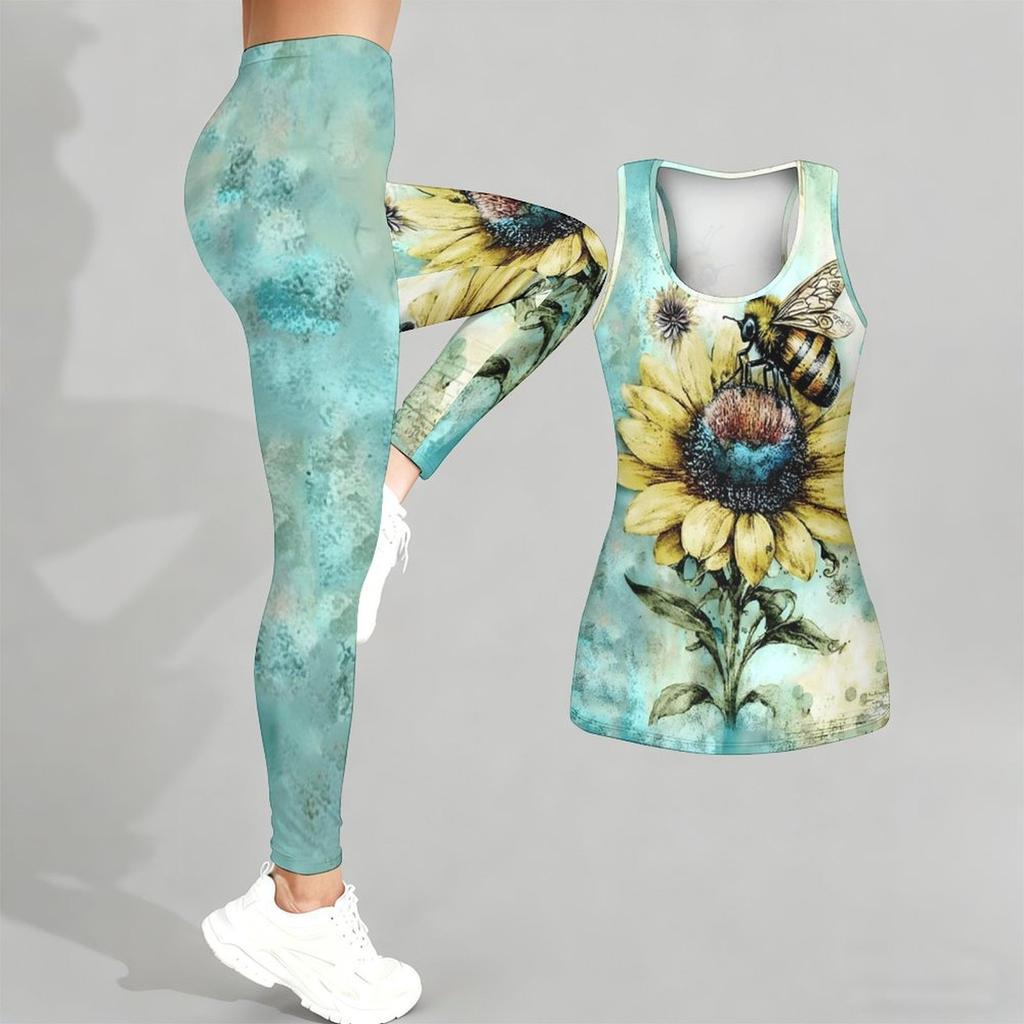 Wolf Totem Print Yoga Outfit for Women Fashion Workout Leggings Fitness Sports Casual Yoga Set Sports Suit