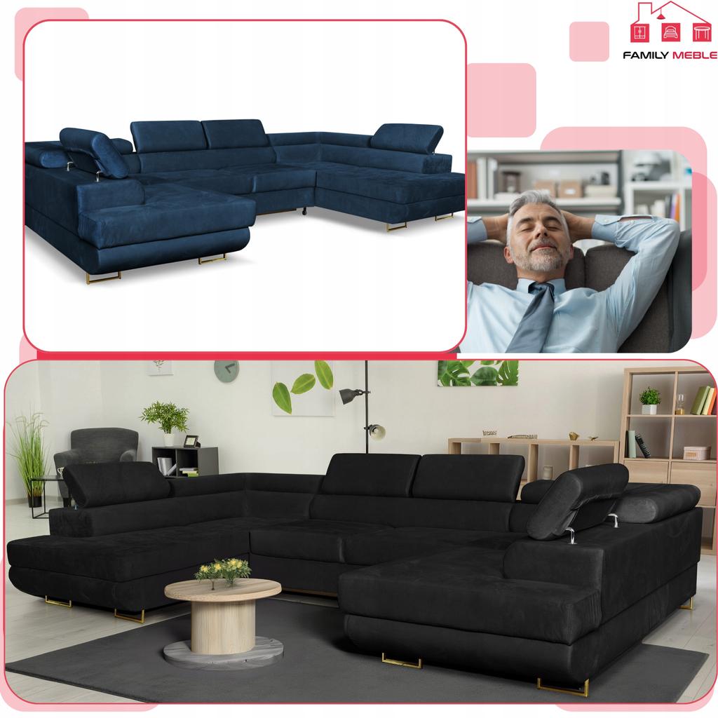 U-shaped Corner Sofa Bed, Extendable F. Bosso Family Sleeping Furniture Navy Blue Velvet