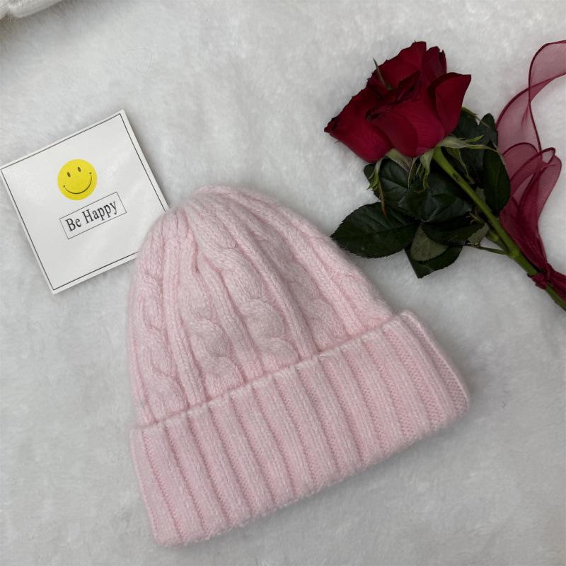 New rabbit fur knitted hat women's solid color twist wool hat winter outdoor warm single-layer ear protection pullover hat