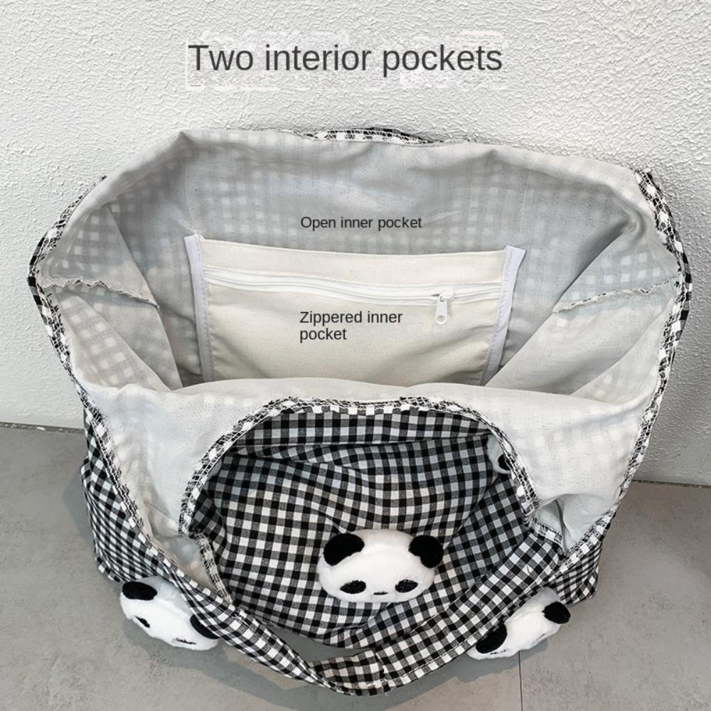 Vacation Canvas Shopping Bag Panda Doll Office Worker Handbag Casual Plaid Shoulder Bags  Outdoor