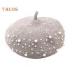 Women Beret Faux Pearl Rhinestone Decor Vintage English Style Woolen Hat No Brim Solid Color Adjustable Straps Pumpkin Cap