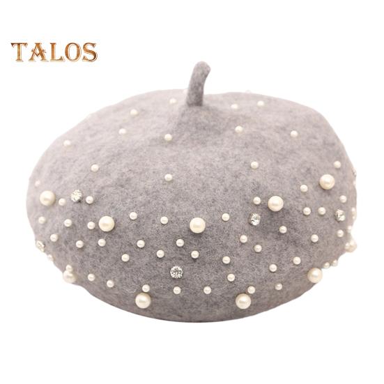 Women Beret Faux Pearl Rhinestone Decor Vintage English Style Woolen Hat No Brim Solid Color Adjustable Straps Pumpkin Cap
