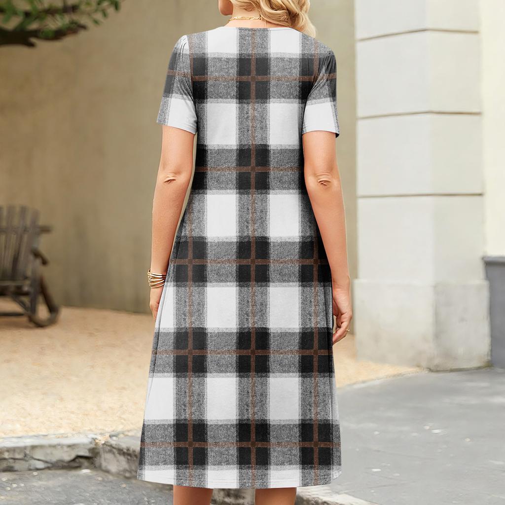Ladies' Plaid Printed Casual And Fashionable Short Sleeved Round Neck Dress
