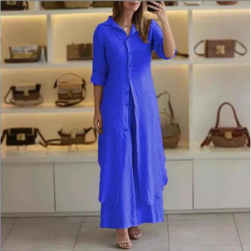Cross-border Europe and the United States 2025 spring and summer new _ casual linen suit _ women's elegant long-sleeved wide-leg pants two-piece set 
