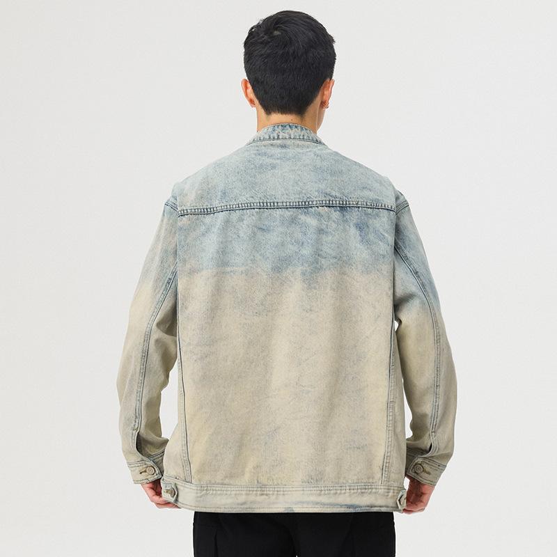 Spring Casual Gradual Change Color Denim Jacket Men'S Stand-Up Collar Slightly Wide American Trend Retro Denim Jacket