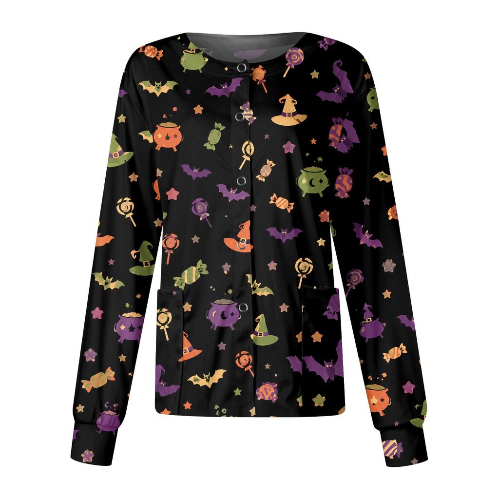 Women's Halloween Print Casual Long Sleeve Single Breasted Caregiver Cardigan Top Lightweight Comfortable Fit