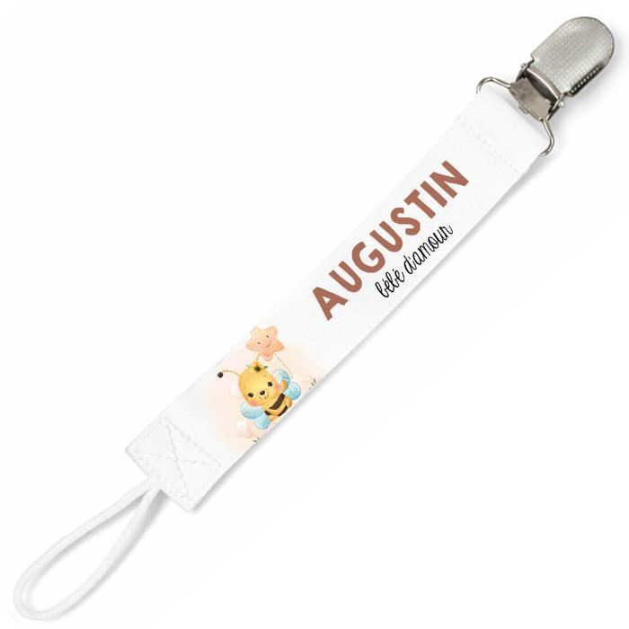 Planetee Attache tétine pour prénom AUGUSTIN bébé d'amour abeille garçon | Attache sucette cadeau naissance