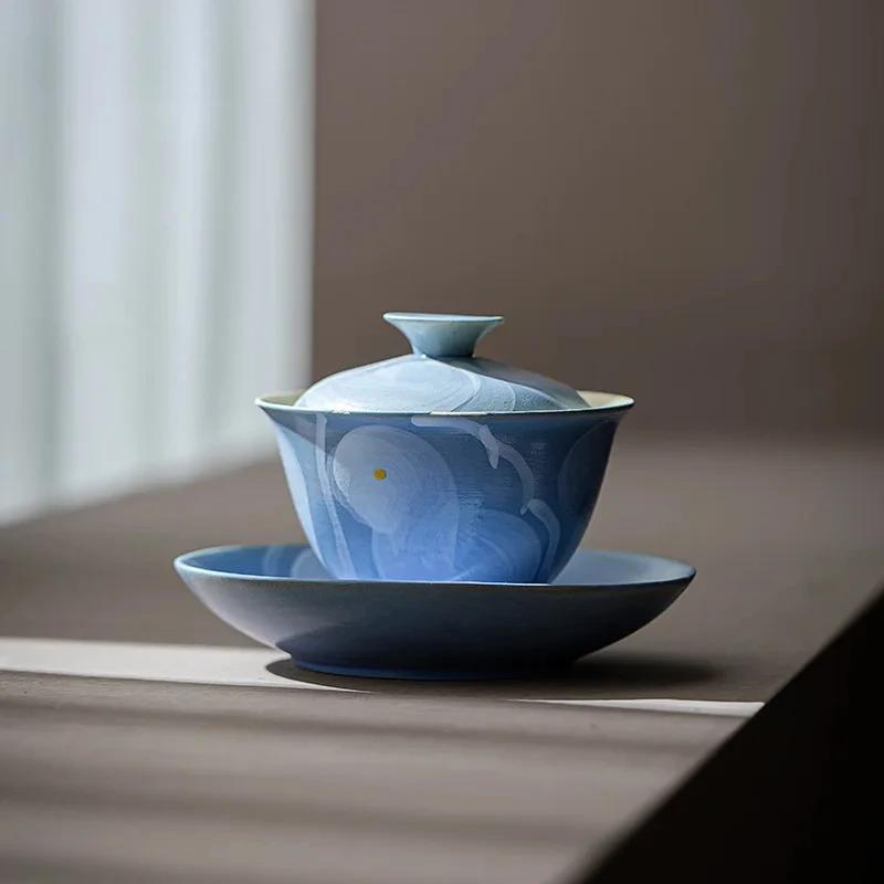 100ml Aesthetic Pure Hand-painted Gaiwan Japanese Powder Yin Blue Tea Tureen Household Tea Maker Cover Bowl Teaset Collection