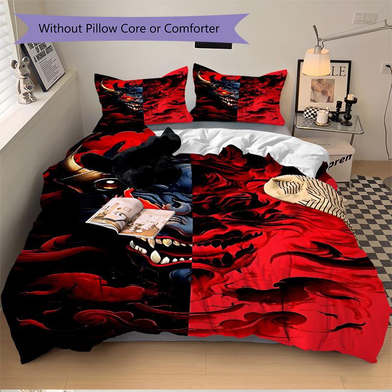 3Pcs Demon Mask Printed Bedding Set, Breathable And Soft, Machine Washable, Christmas Gift, Suitable for Bedroom Decoration, 15178