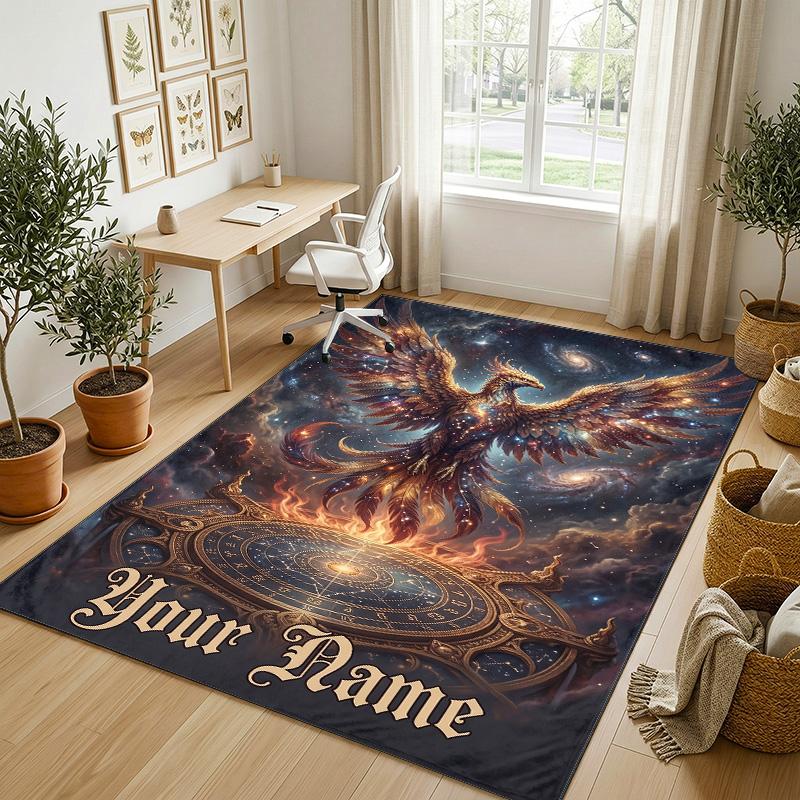 Dragon Phoenix Theme Crystal Velvet Rug Personalized Custom Name Text Soft Floor Mat Home Decor