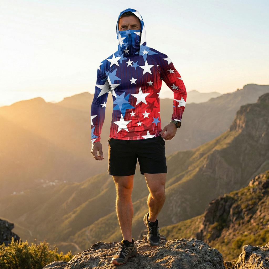 Men's Casual Raglan Sleeve Hooded Long Sleeve Sun Protection Shirt with Graphic Print Lightweight Breathable Fabric for Outdoor Activities