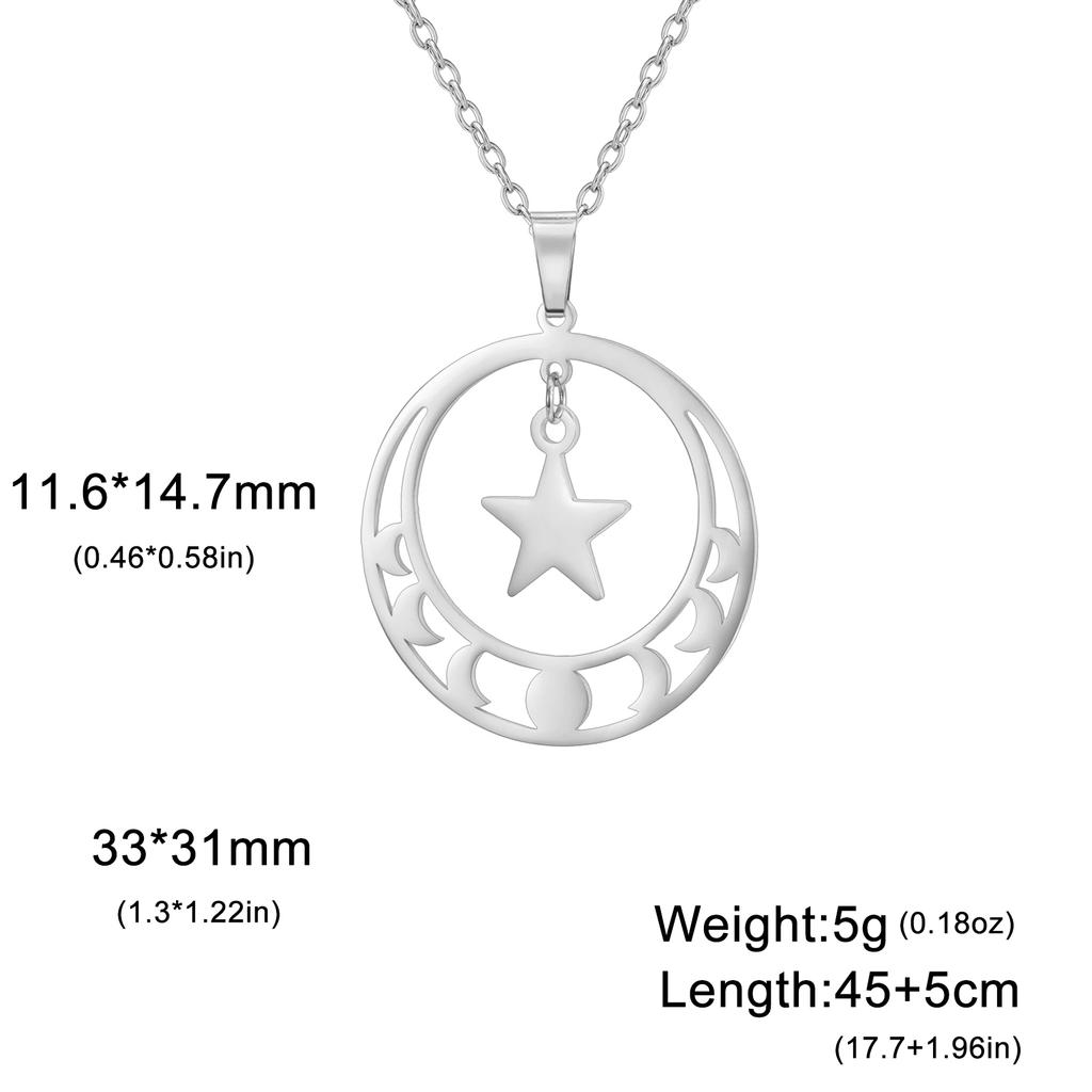 Teamer Star Moon Phase Round Pendant Necklace Women Girls Stainless Steel Party Jewelry No Rust Birthday Gift