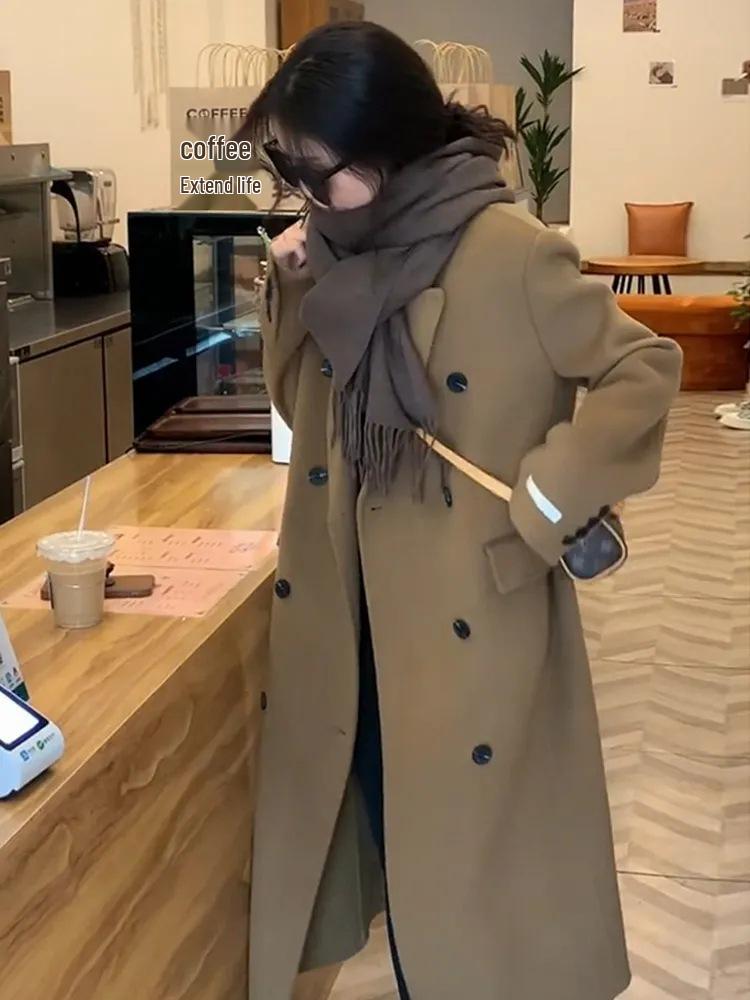 2023 Damen Kamelwollmantel - Mittellang, Koreanischer Stil, Lockere Passform, Langärmlig, Trendig für Herbst & Winter