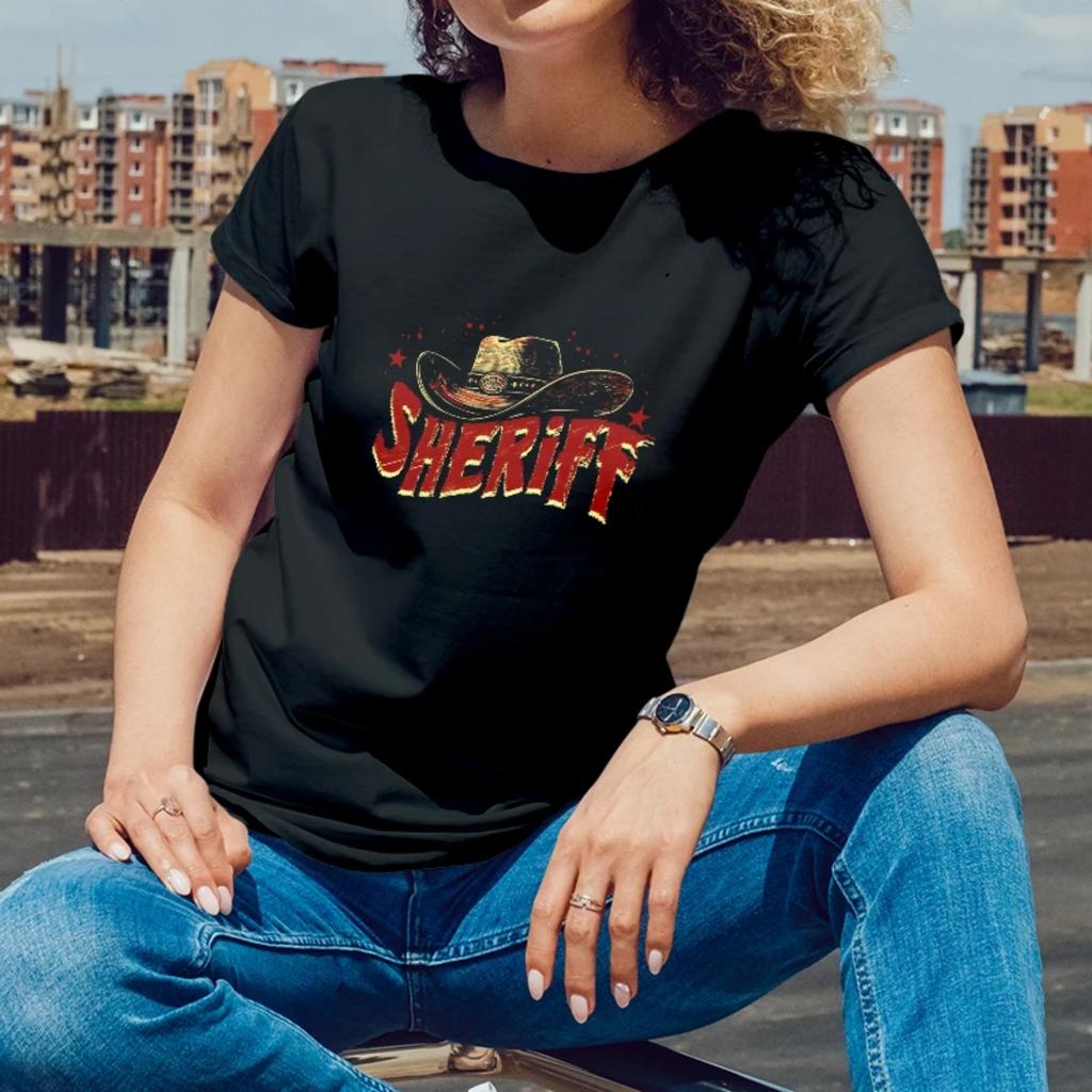 Sheriff Themed Print for Summer Western Style Festivals Short Sleeve T Shirt for Women with a Tough Stylish Look