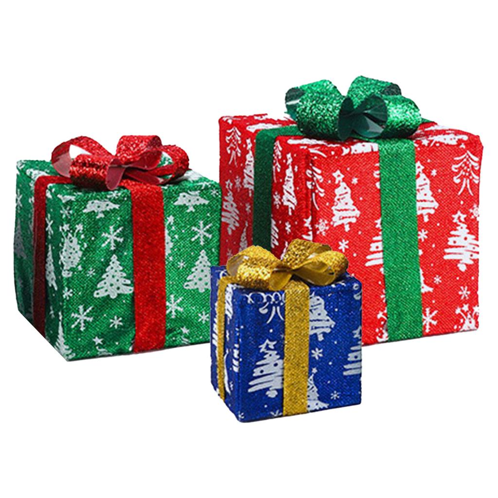 3PCS Xmas Lighted Gift Box Plastic Light Up Snowflake Present Box Xmas Tree Skirt Ornaments for Home Holiday Party