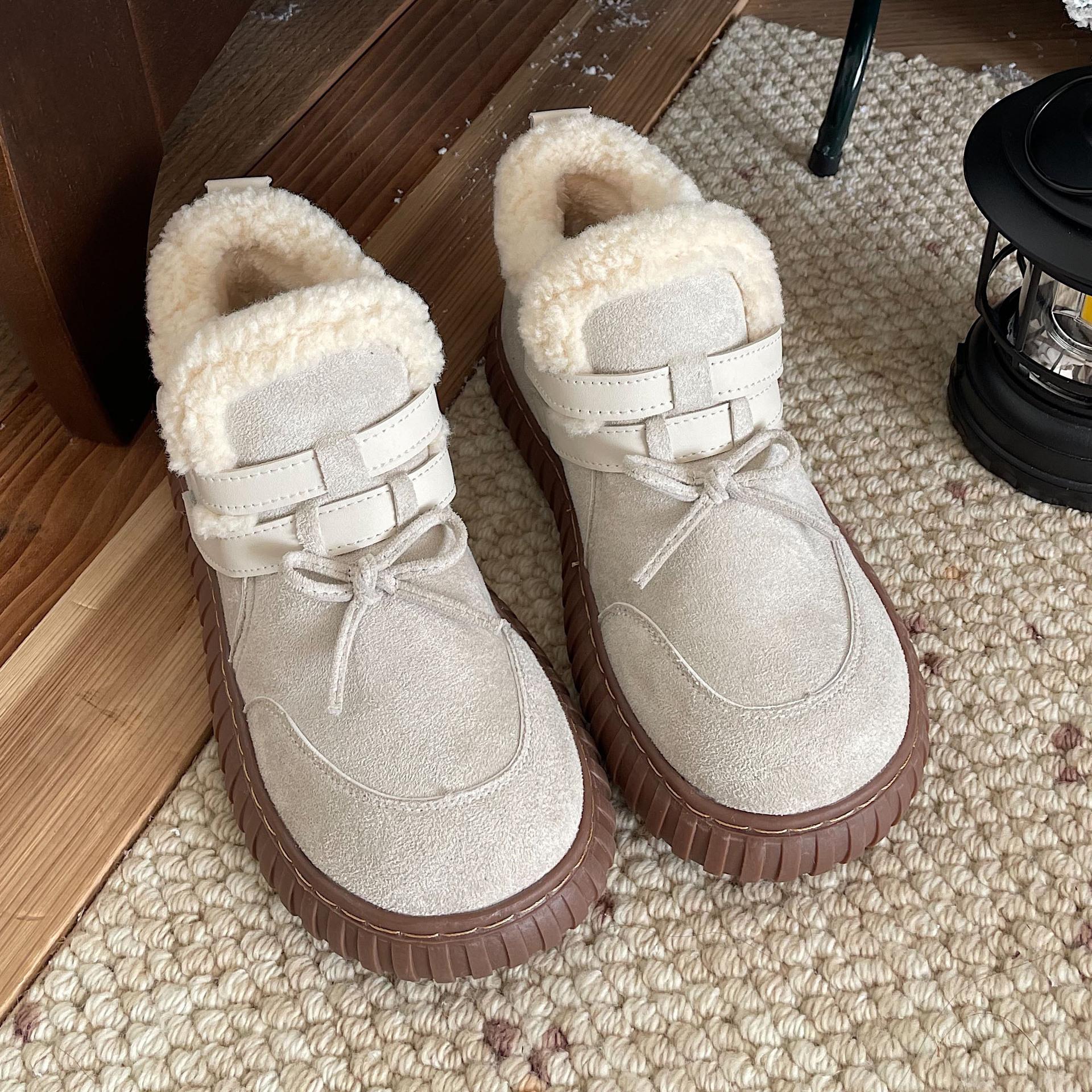 

Vintage Women s Platform Cotton Shoes Winter Fashion Bow Knot Plush Thicken Warm Shoes Comfort Height Increase Casual Snow Boots 35 бежевий