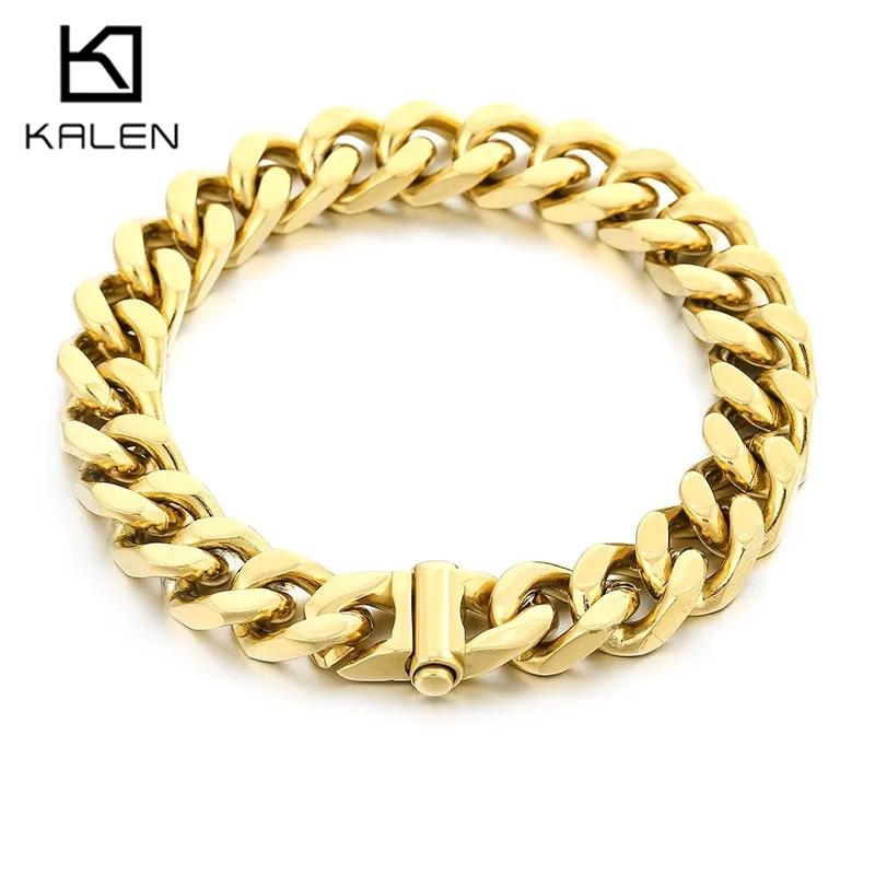 Kalen 10/12/13MM Cuban Chain Heavy Bracelet Shiny Necklace for Men 316L Stainless Steel Gold Color Jewelry Birthday P arty Gift