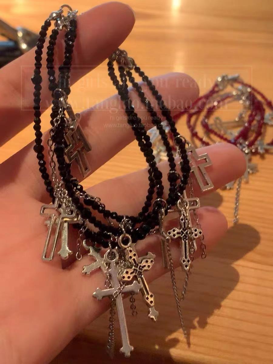 

Hip Hop Sliver Color Cross Tassel Multi-layer Black Glass Crystal Bead Necklace for Women Men Halloween Collar Chain Y2k Jewelry