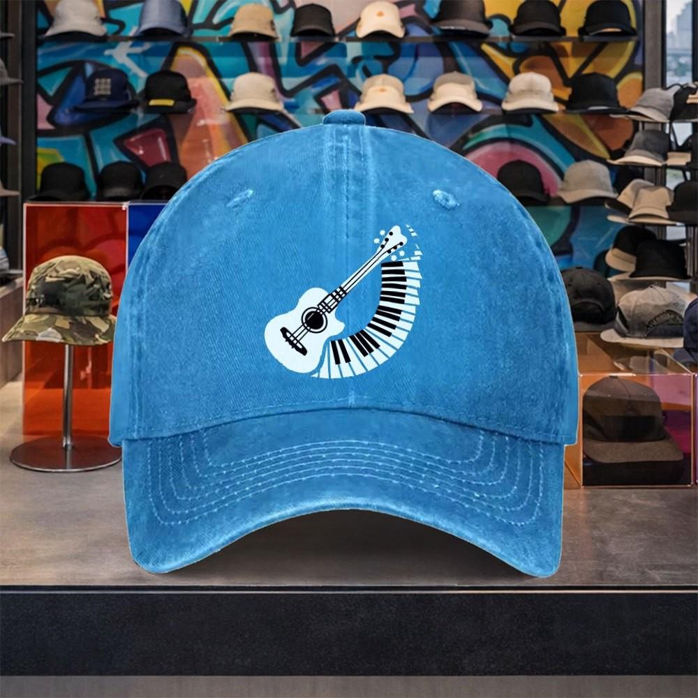 Guitar Piano Blend Musician Baseball Cap Washed Denim Adjustable Vintage Cap for Unisex Outdoor Casual