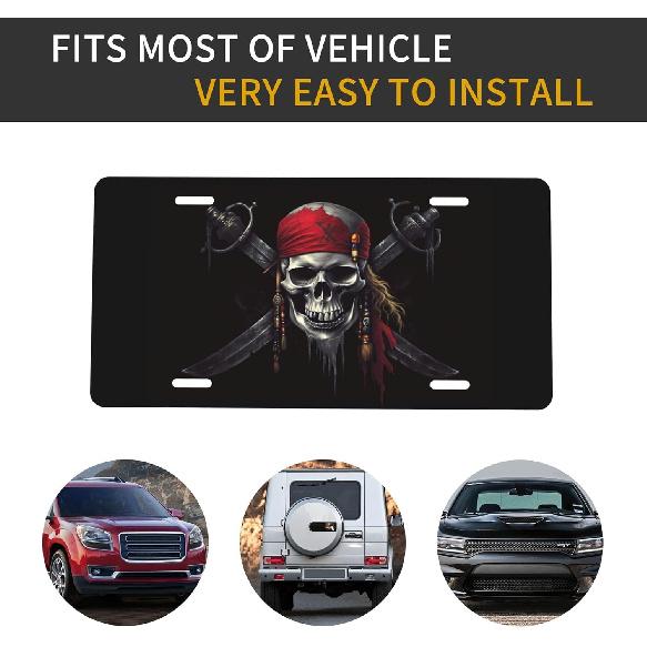 Pirates Skull Flag License Plate Decorative, Car Front License Plate Aluminum Novelty Metal Car Plate 6 X 12 Inch