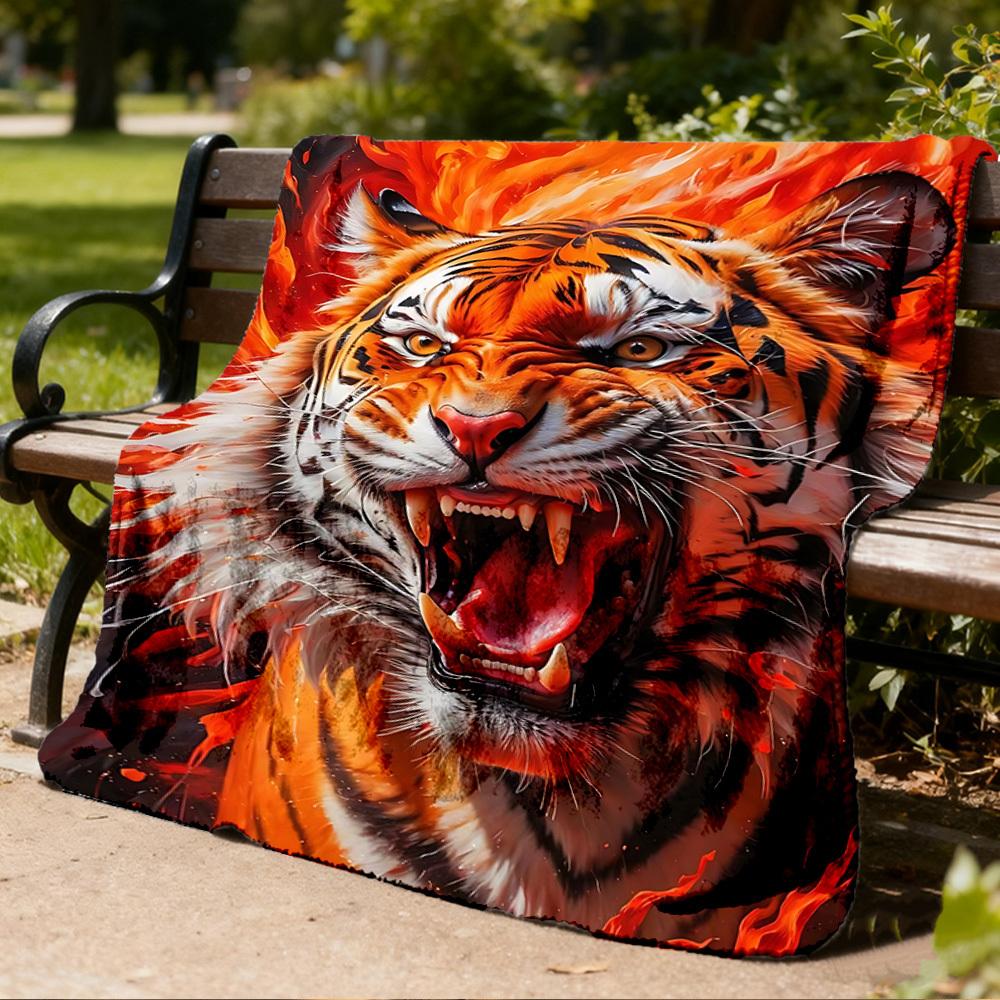 1pc Tiger Flames Print Outdoor Blanket, Lightweight Polyester,